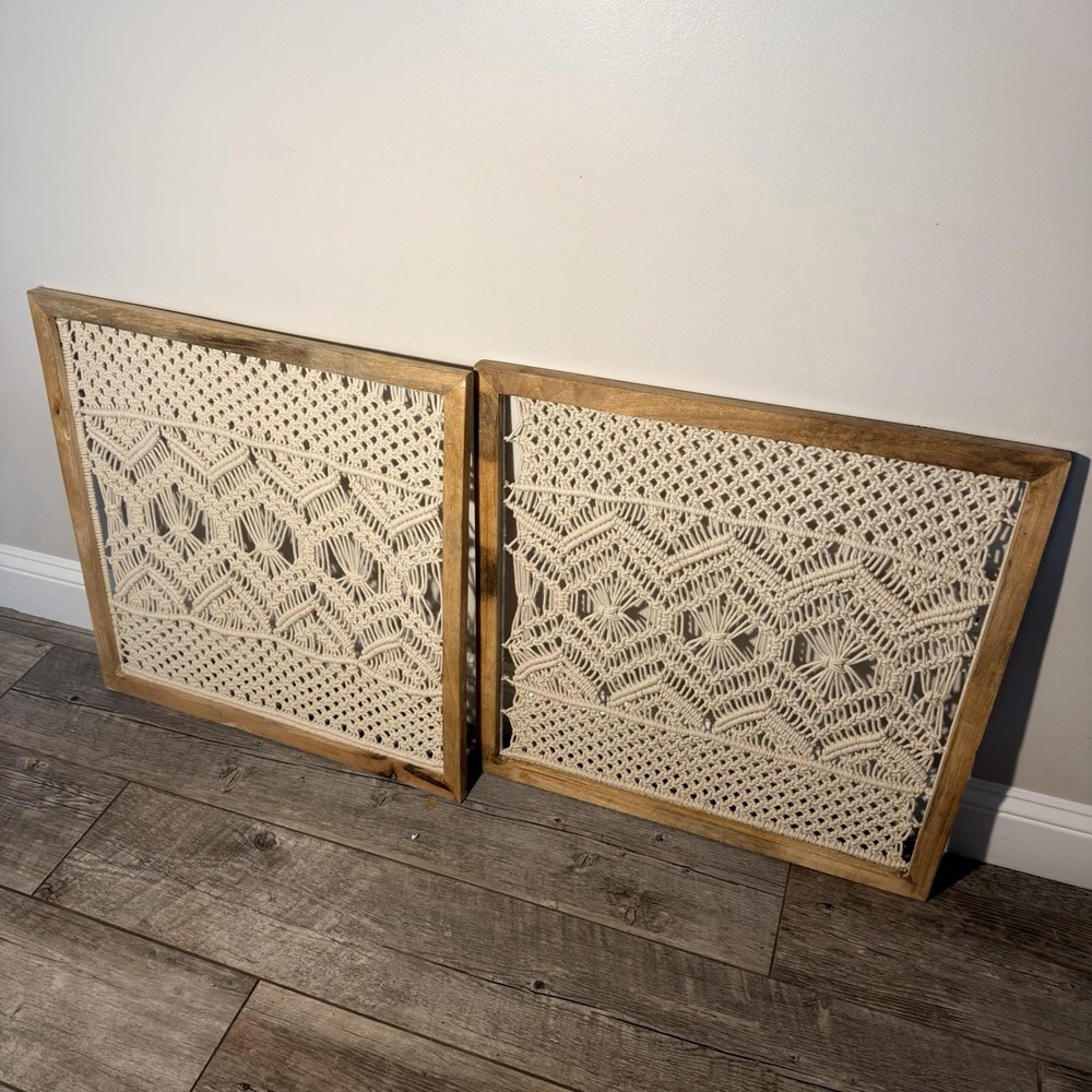 Large Boho Coastal Macrame Wall Art Set of 2 Wood Framed Panels 24x24"  Bundle